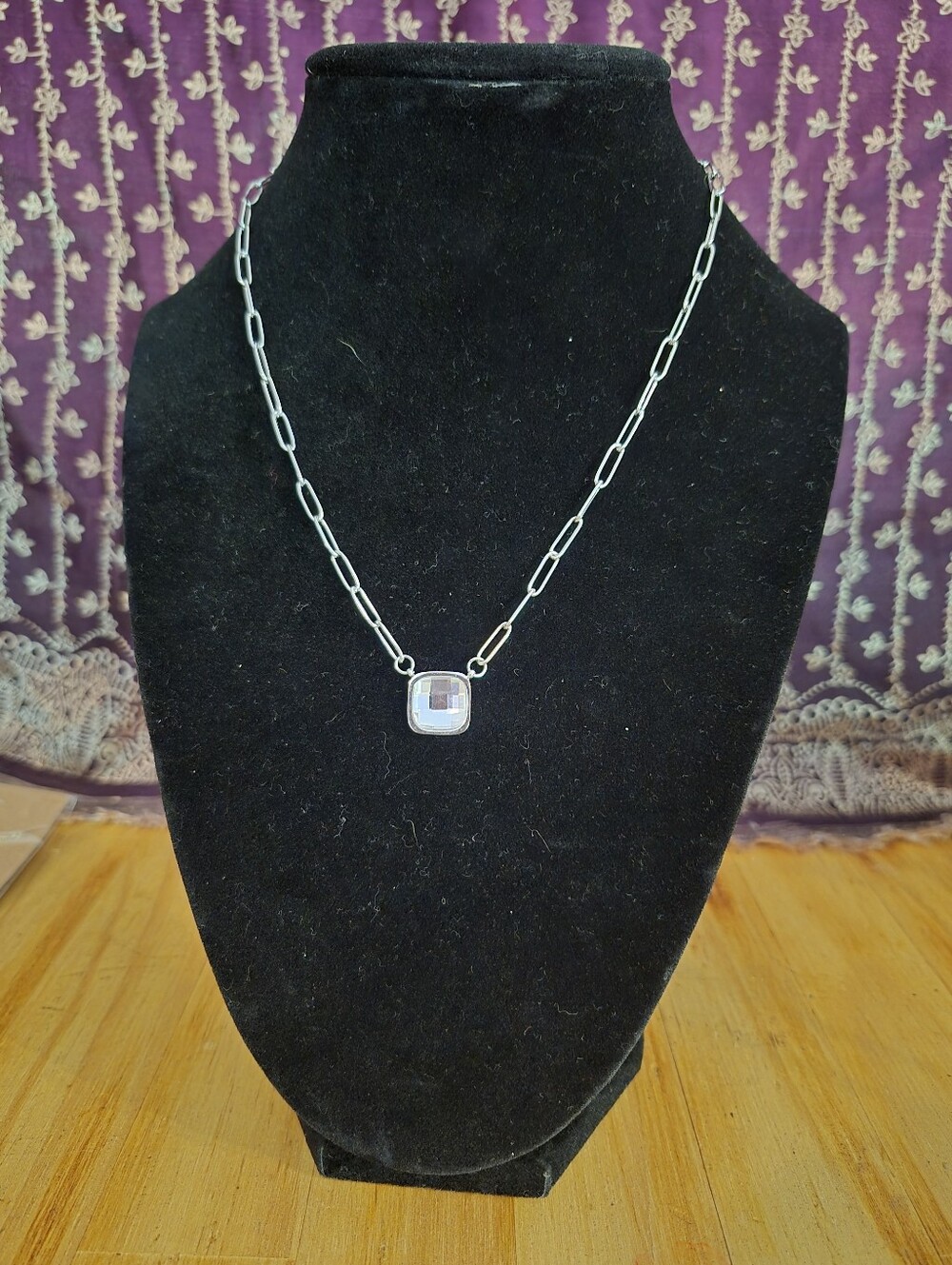 Silver Chain Necklace with Clear Square Pendant